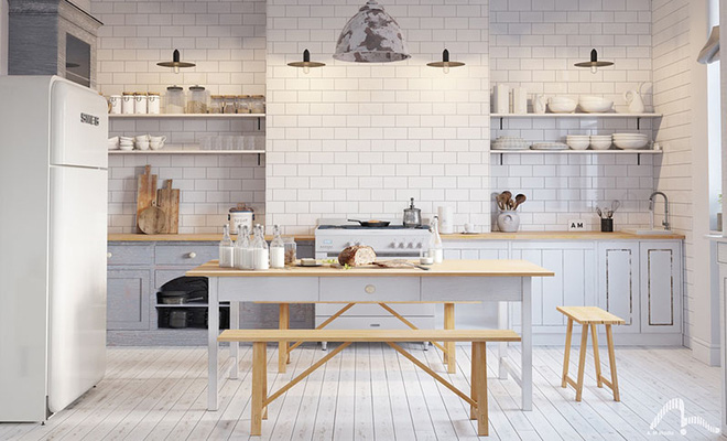 Unifydecor - Sơn trắng toàn bộ không gian kết hợp nội thất gỗ - màu công thức cho một căn bếp nhỏ tinh tế và hiện đại