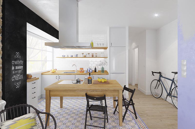 Unifydecor - Sơn trắng toàn bộ không gian kết hợp nội thất gỗ - màu công thức cho một căn bếp nhỏ tinh tế và hiện đại
